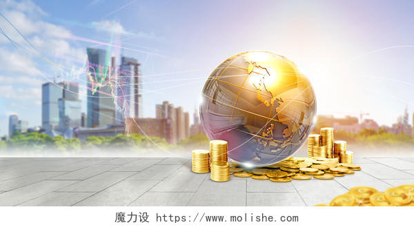 浅蓝金色地球金币建筑商务现代文艺金融财富金币展板背景